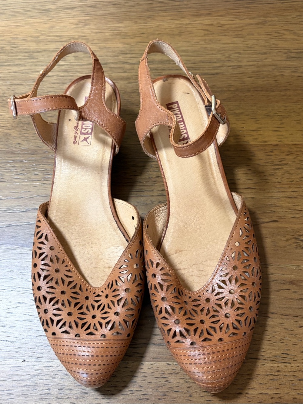 PIKOLINOS women’s Brown Laser-Cut Leather Slingback Flats